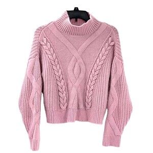 Elizabeth and James Pink Crew Neck Cropped Chunky Cable Knit Mock Neck Sweater M